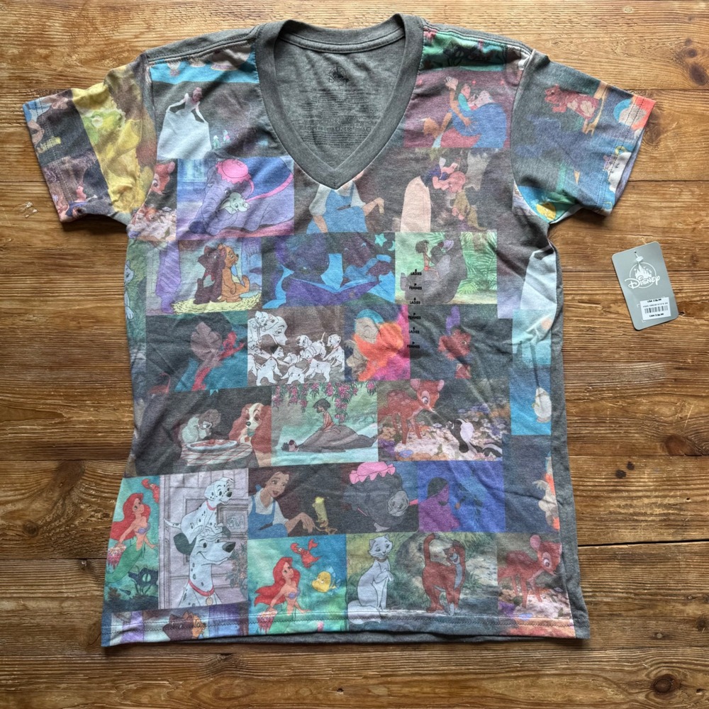 Disney Parks Classic Movie Collage V-Neck Graphic T-Shirt Gray Women's Small NWT